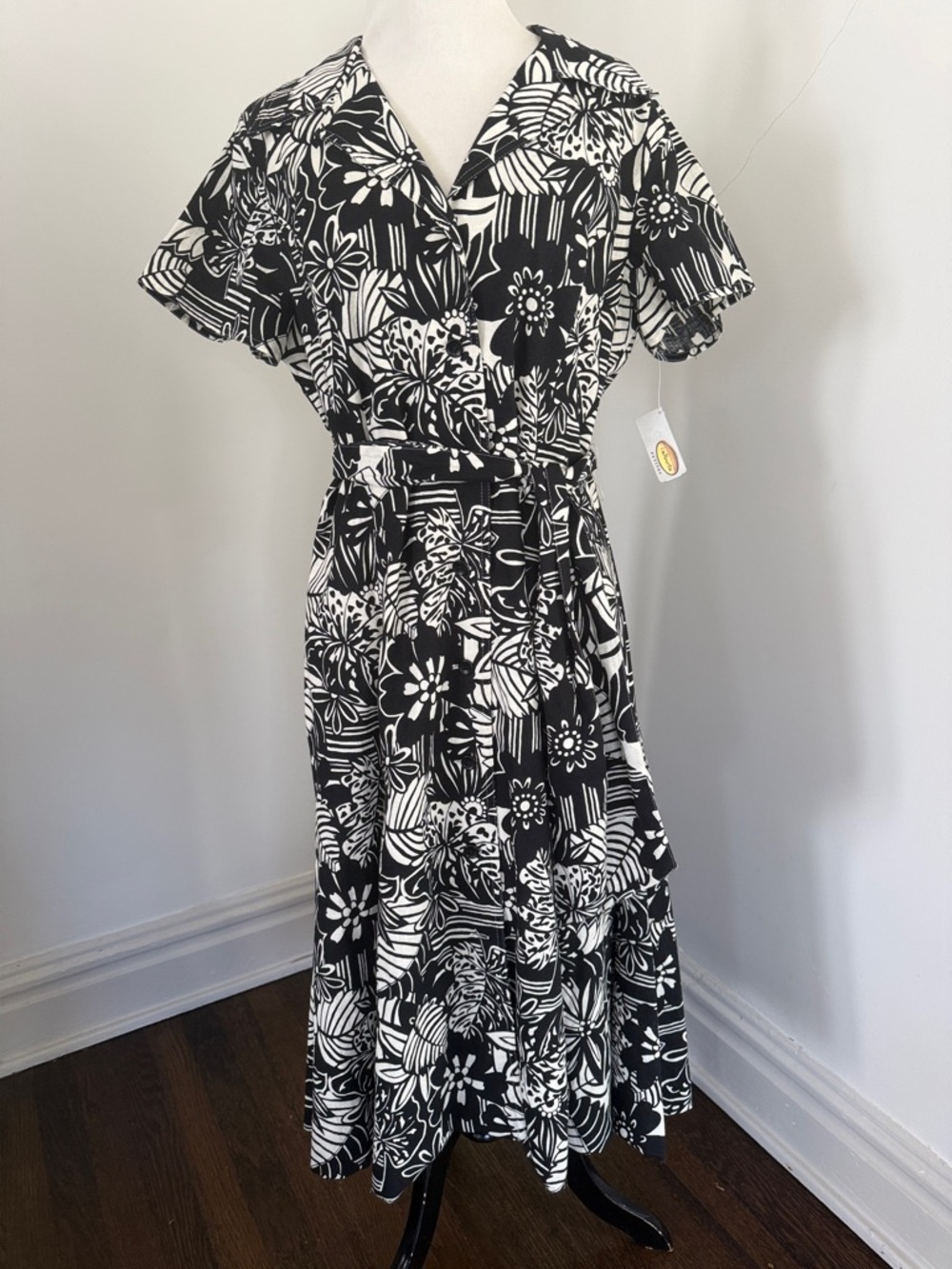 Talbots Black & White Botanical Floral Linen Blend Midi Dress 14P NWT